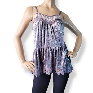 Weavers Silver Crushed Velvet Lace Trim Drop Waist Cami Top